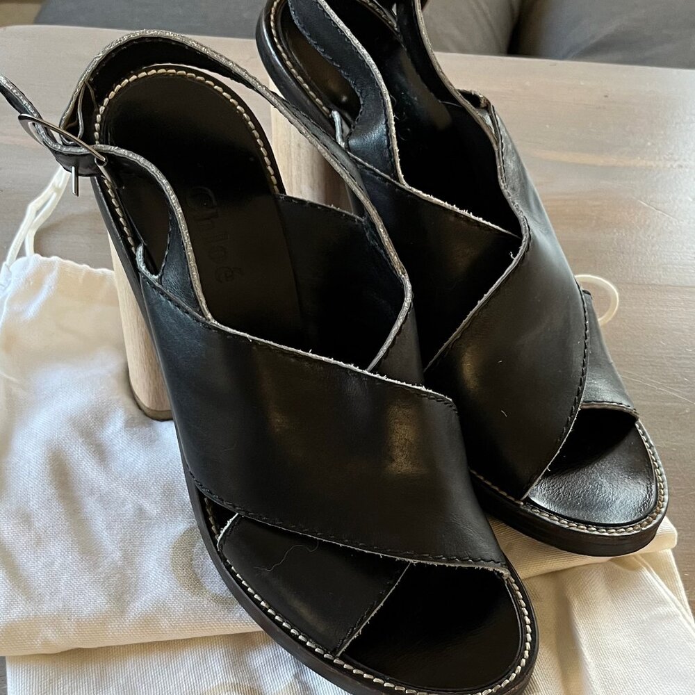 Chloe Black Leather Crossover Strap Wooden Block Heel Slingback Sandal
